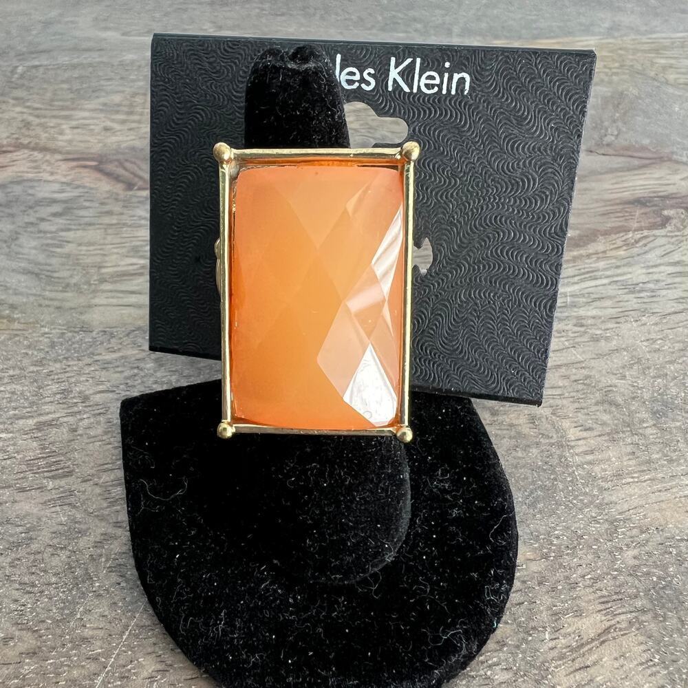 New Charles Klein Peach & Gold Tone Rectangular Statement Cocktail Stretch Ring